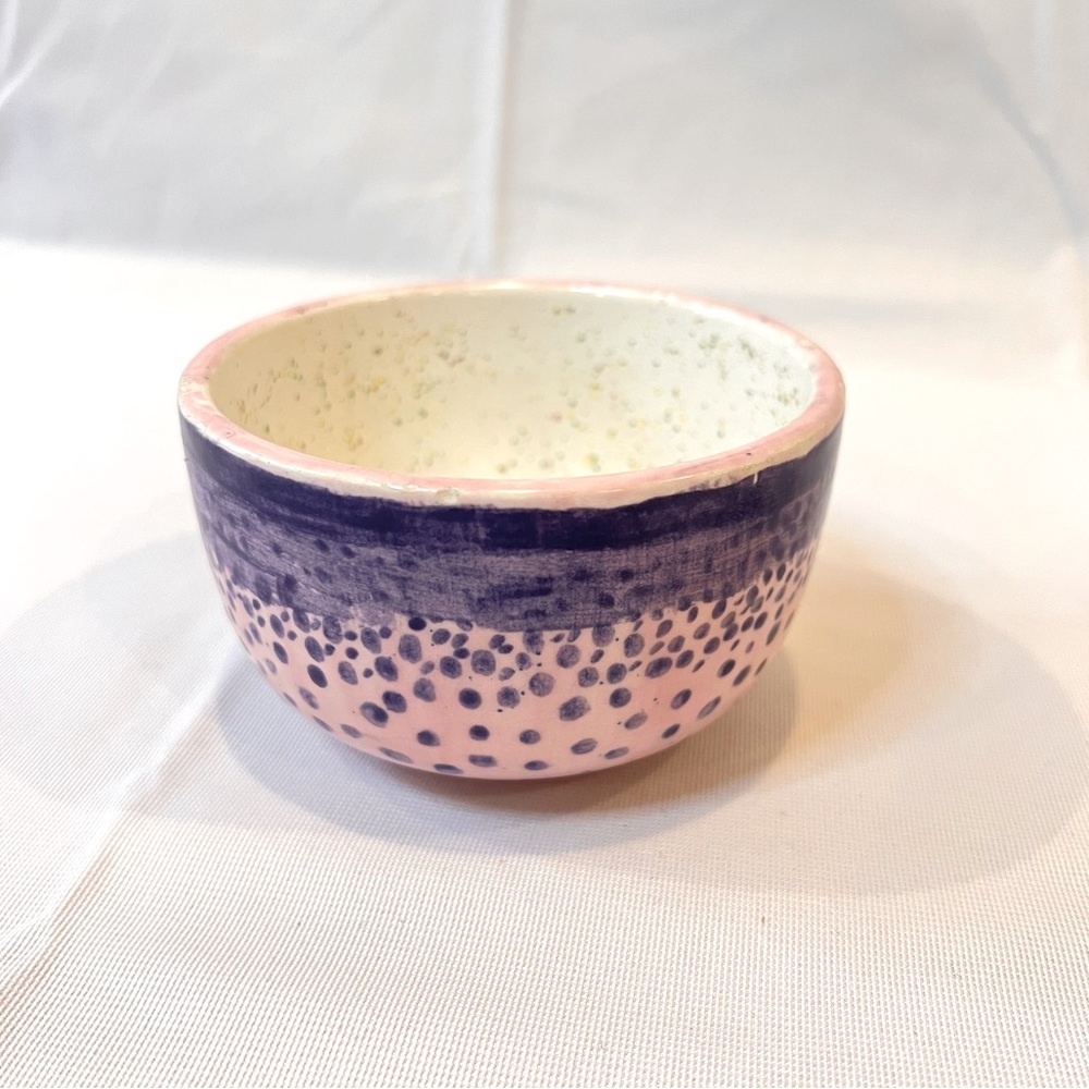 HANDMADE | small hand painted pink and purple polka dot pottery accent bowl